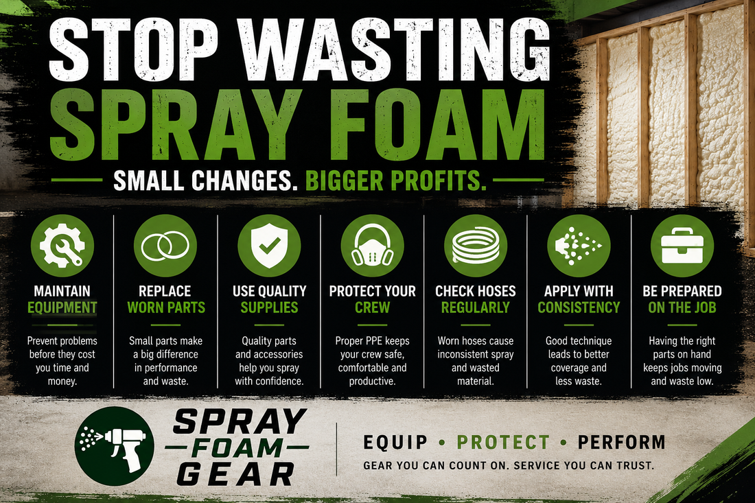 Spray foam equipment maintenance infographic showing how contractors can reduce spray foam waste with quality parts, regular inspections, proper PPE, and consistent application techniques.