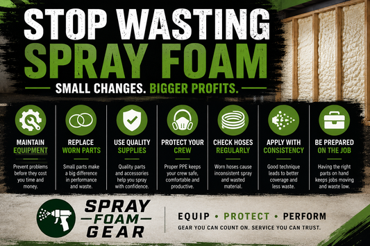 Spray foam equipment maintenance infographic showing how contractors can reduce spray foam waste with quality parts, regular inspections, proper PPE, and consistent application techniques.