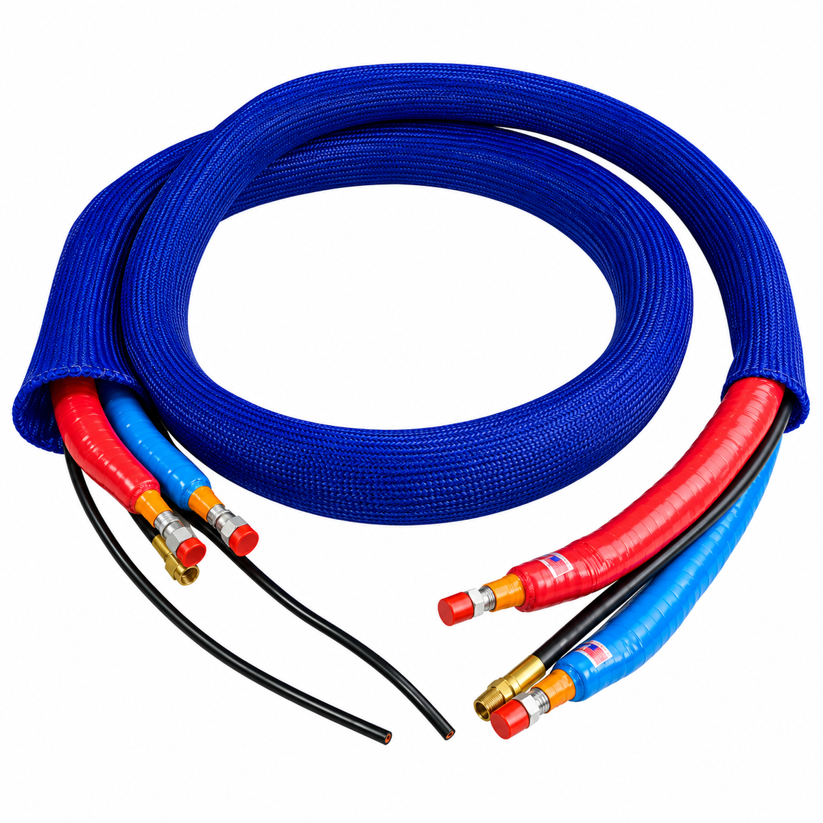 10-foot heated whip hose for spray foam insulation equipment with red and blue fluid lines and protective braided sleeve
