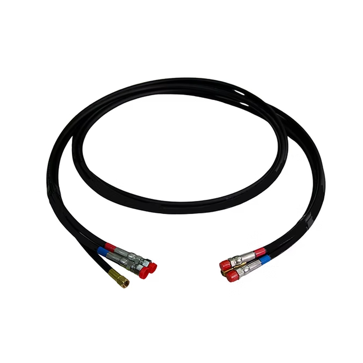 Black cable with red and blue connectors on a white background