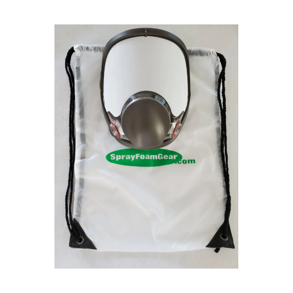 respirator mask on a white drawstring bag with 'SprayFoamGear.com' logo.