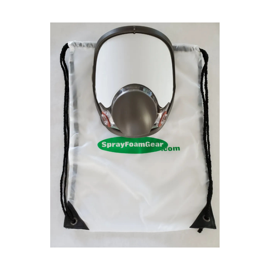 respirator mask on a white drawstring bag with 'SprayFoamGear.com' logo.