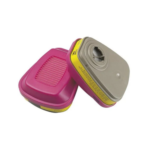Two mask filters, one pink and one gray, on a white background