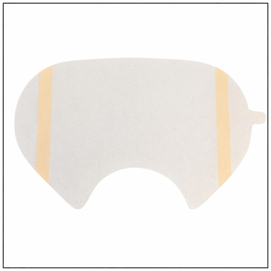 White eye mask with gold accents on a white background