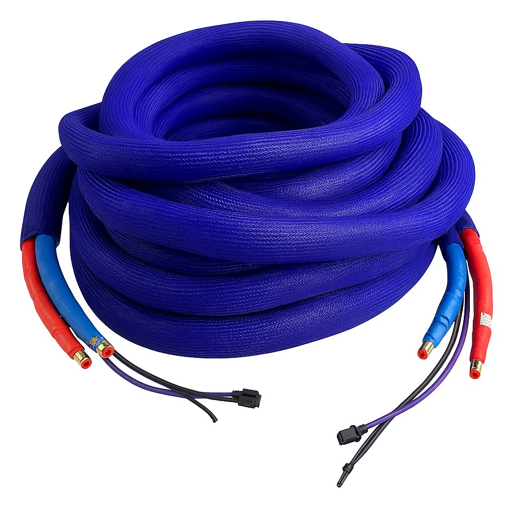 Coiled blue cable with red and black connectors on a white background
