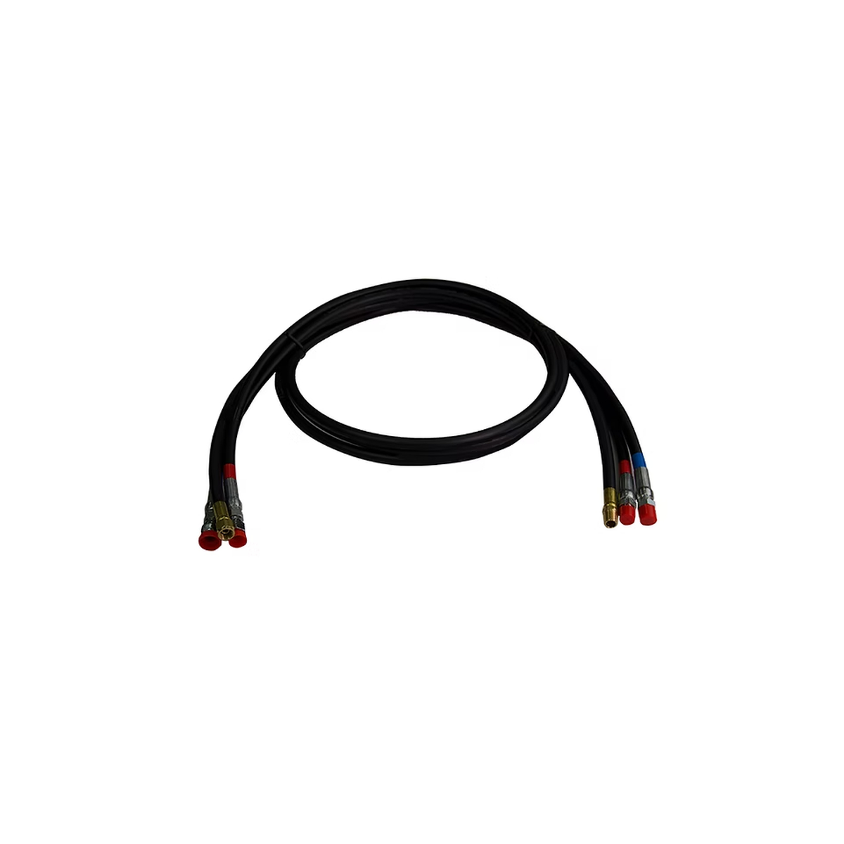Black hydraulic hose with colorful connectors on a white background