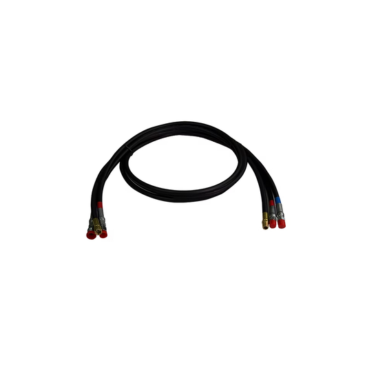 Black hydraulic hose with colorful connectors on a white background