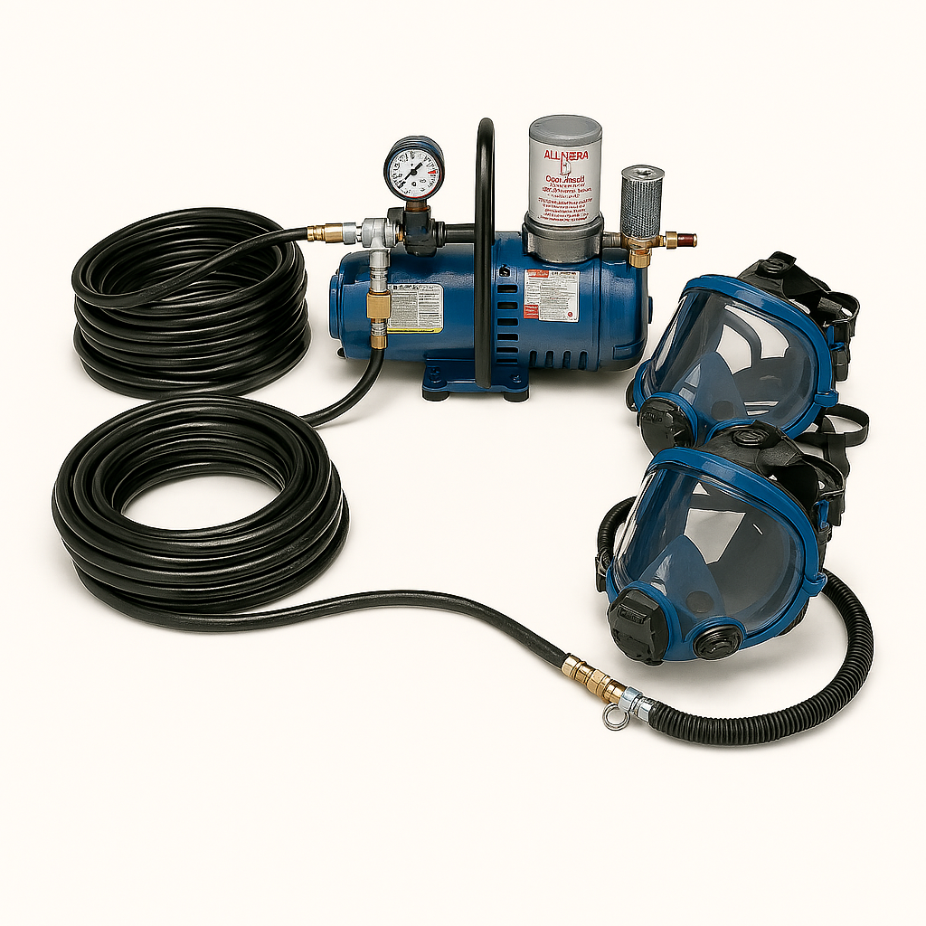 Air compressor with hoses and two face masks on a white background