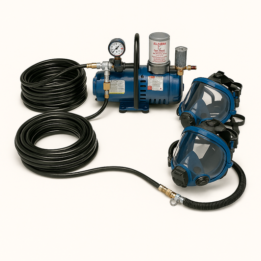Air compressor with hoses and two face masks on a white background