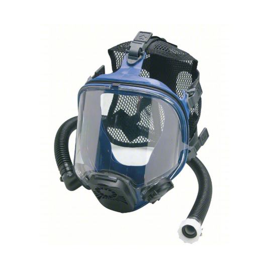 Full-face respiratory mask with hose on a white background