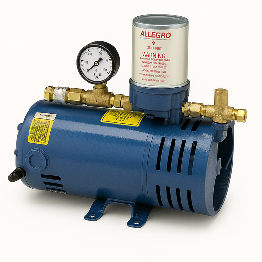 Blue pump with gauge and Allegro branding on a white background