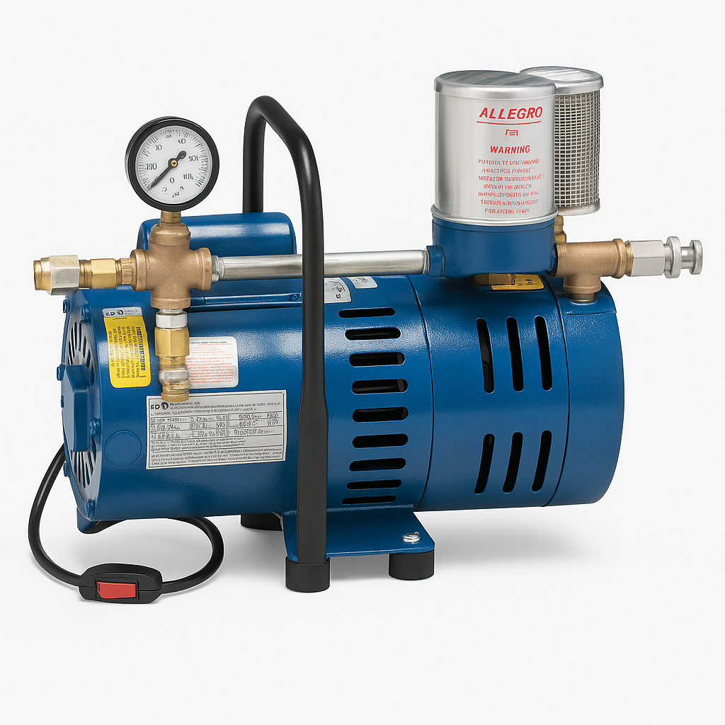 Blue pump with gauge and canister on a white background
