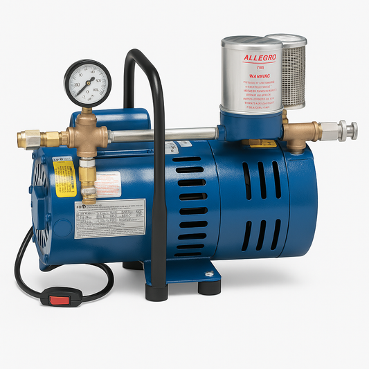 Blue pump with gauge and canister on a white background