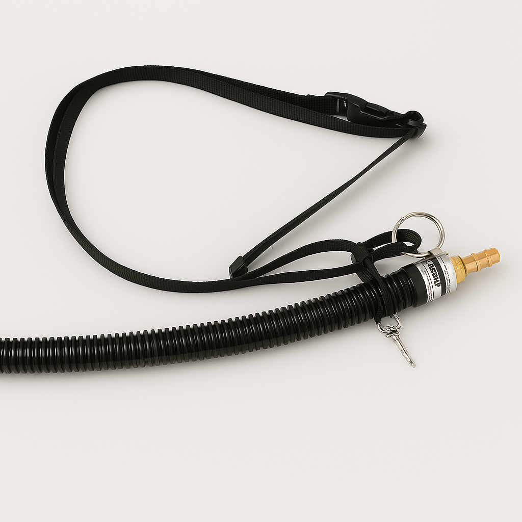 Black coiled hose with a nozzle and keychain on a white background