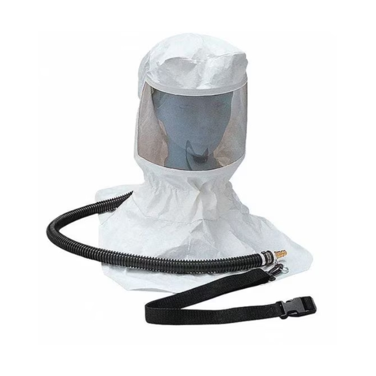 White protective hood with a black hose on a white background