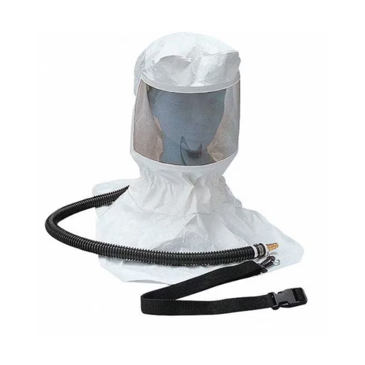 White protective hood with a black hose on a white background