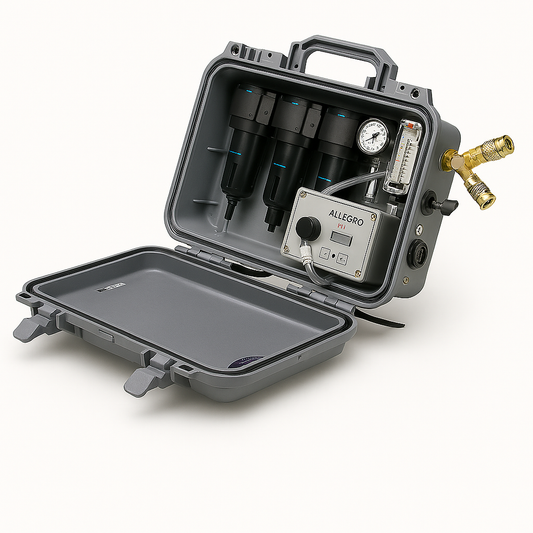 Portable air purifying system with tools in a gray case on a white background