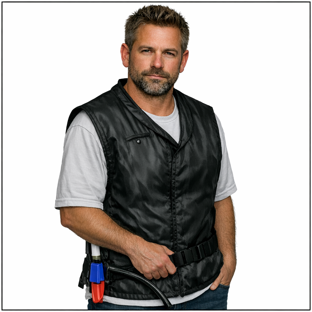Man wearing a black vest over a white shirt on a white background