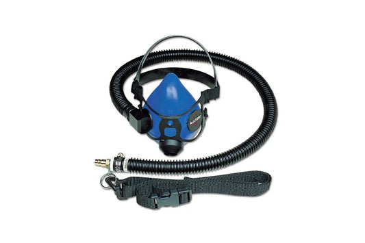Allegro blue respiratory mask with black hose and strap on a white background