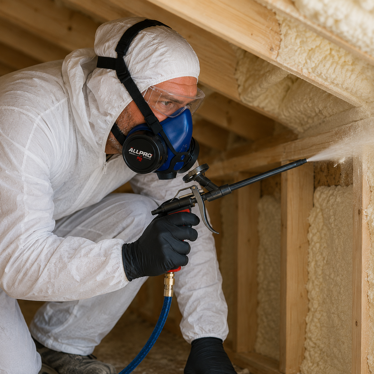 Person in protective gear spraying insulation in a wooden structure