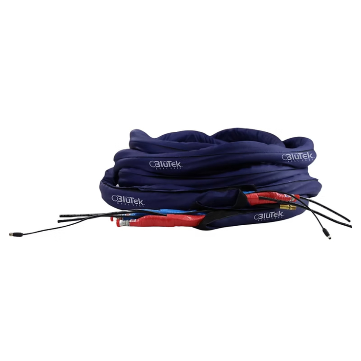 Coiled blue cable with 'Blutek' branding on a white background