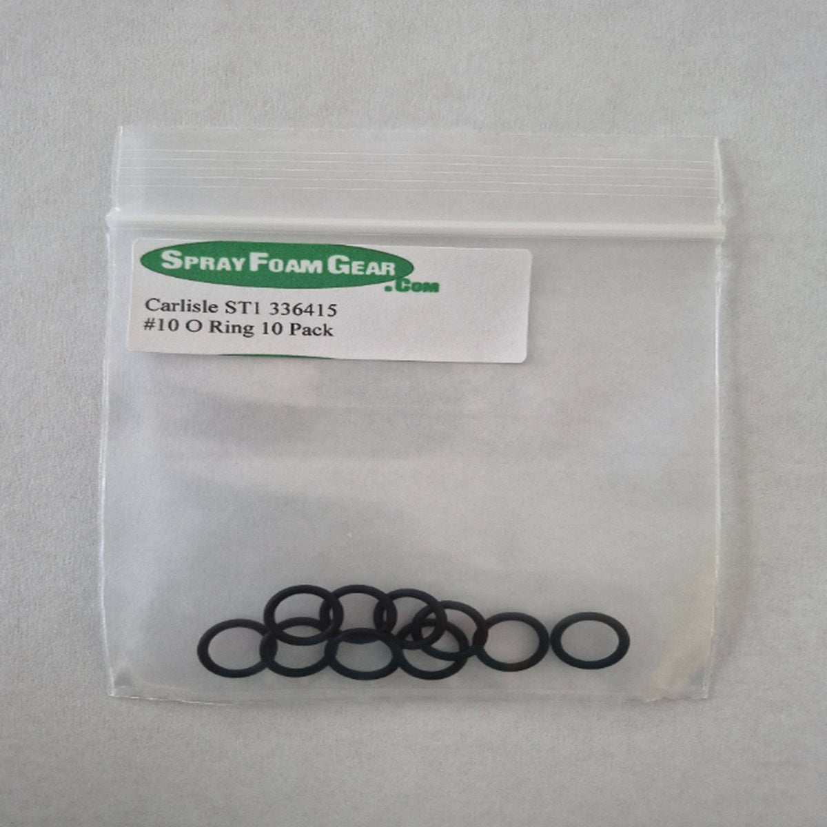 Clear bag with #10 O-ring pack labeled 'Spray Foam Gear' on a gray background
