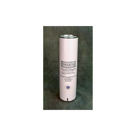 White cylindrical desiccant filter cartridge for 55 Gallon Drum on a textured gray background