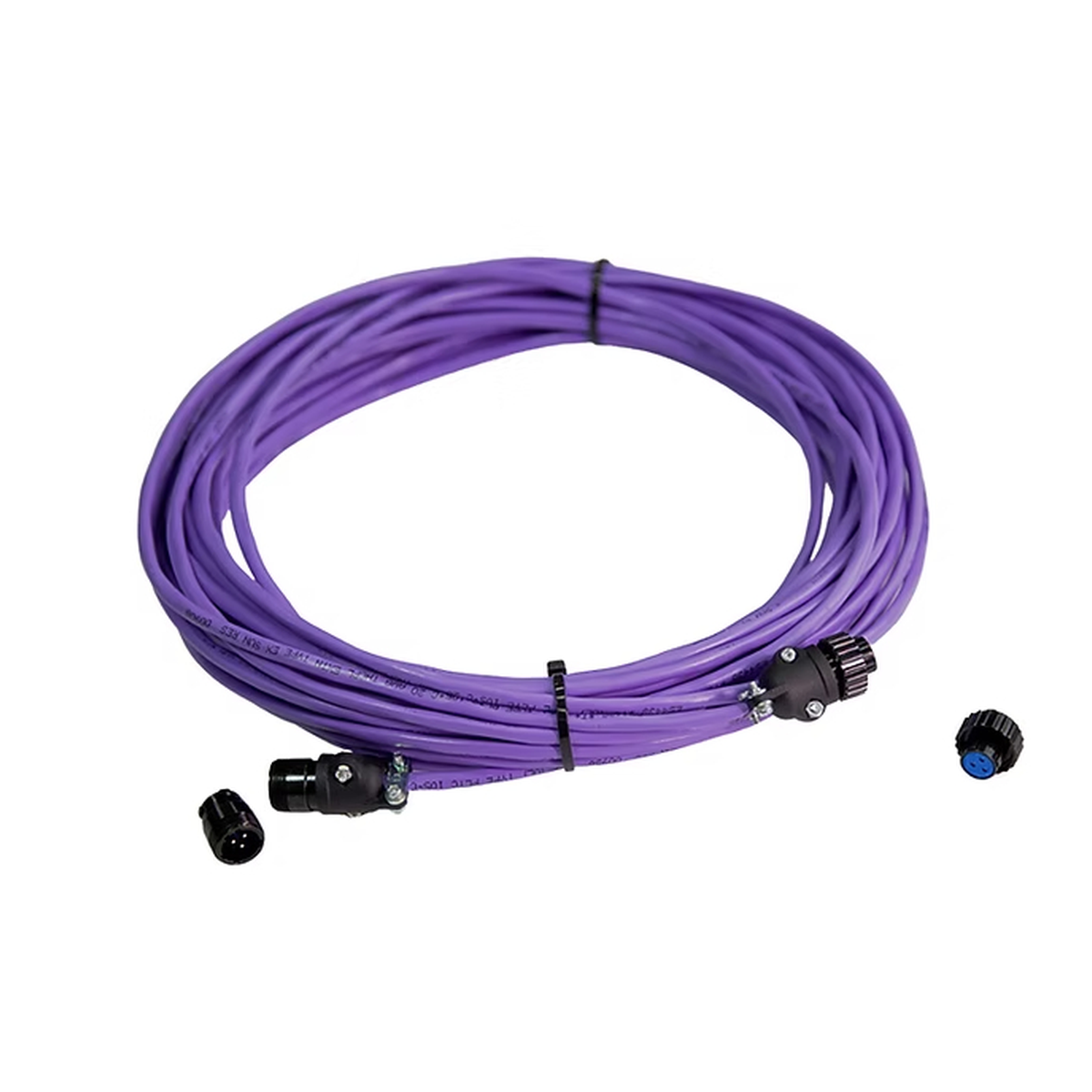 Coiled purple cable with connectors on a white background