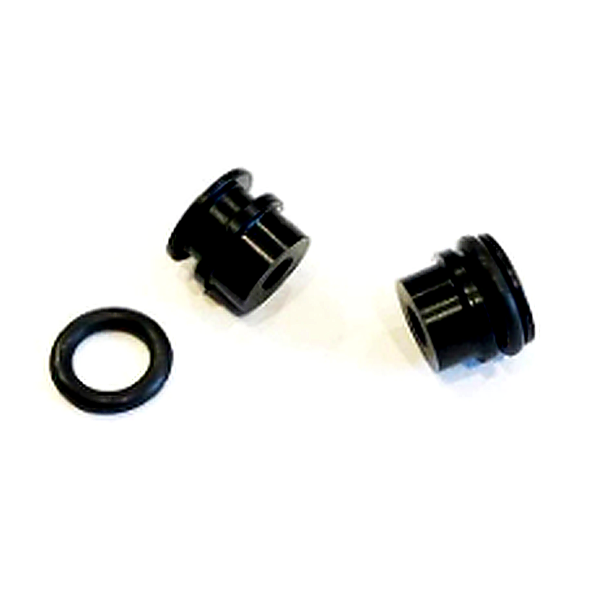 Three black mechanical components on a white background