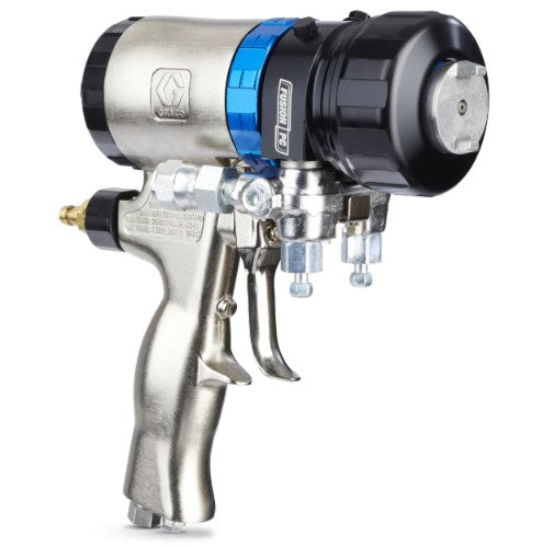 Graco Fusion PC ProConnect air purge spray foam gun with stainless steel handle, blue cartridge connection ring, and black front housing for professional spray foam insulation applications.