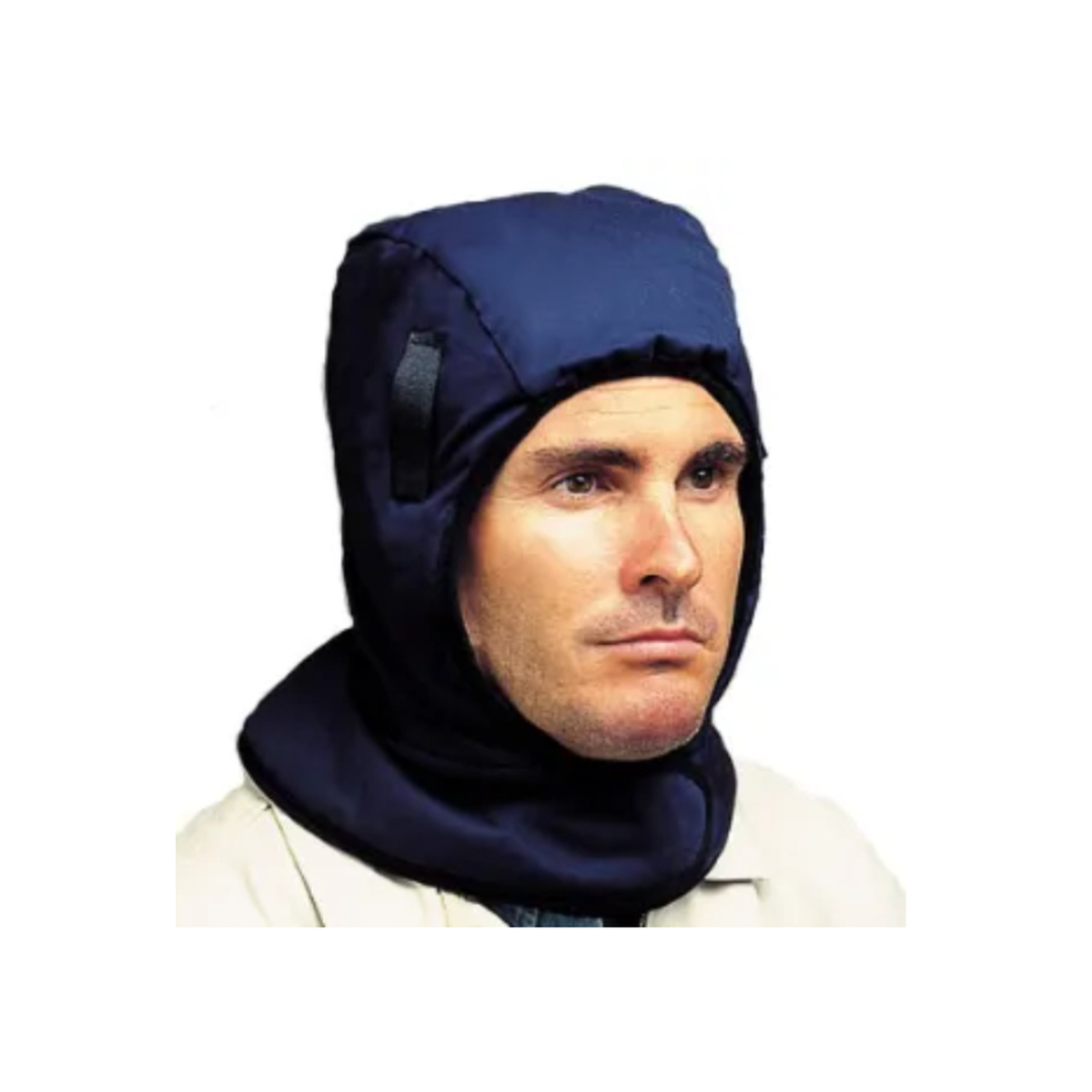 Person wearing a navy blue insulated hood on a white background