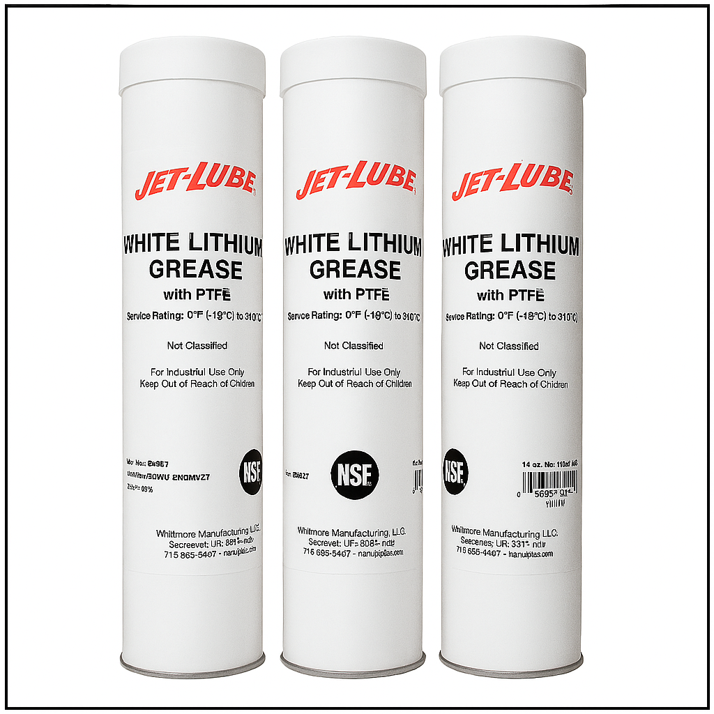 Three tubes of Jet-Lube white lithium grease with PTFE on a white background