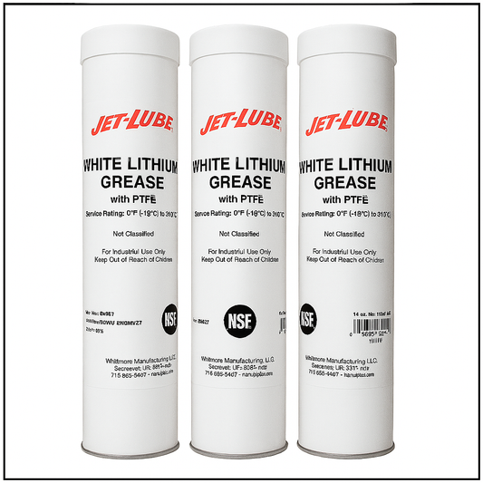 Three tubes of Jet-Lube white lithium grease with PTFE on a white background