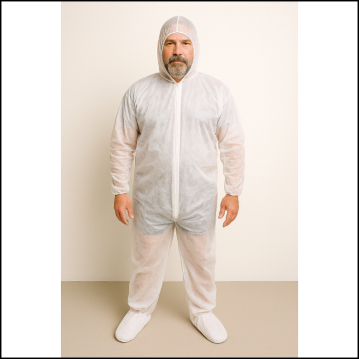 Person wearing a white protective suit against a plain background