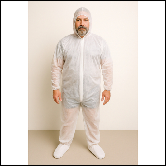 Person wearing a white protective suit against a plain background