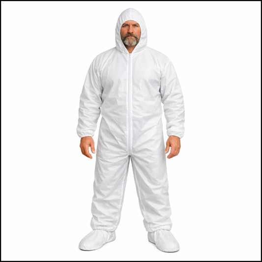Person wearing a white protective suit on a white background