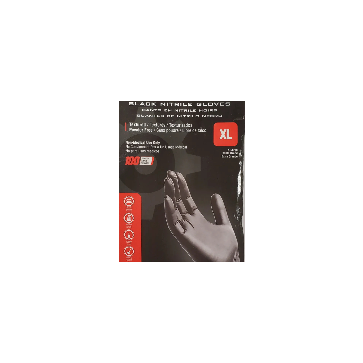 Box of black nitrile gloves with a hand illustration on a white background