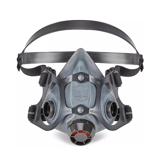 Gray respirator mask with a headband on a white background
