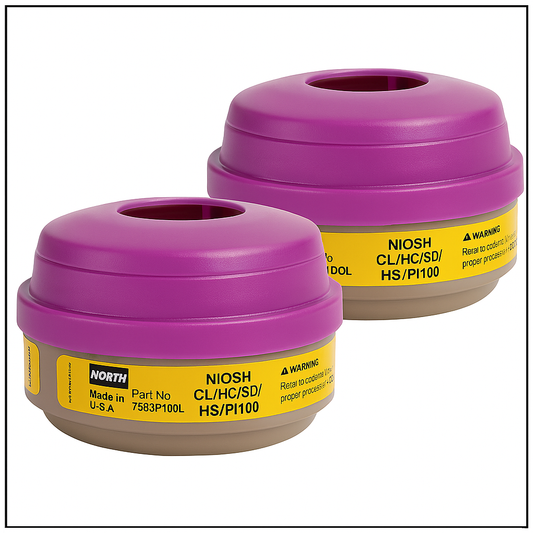 Two purple filter canisters with yellow labels on a white background