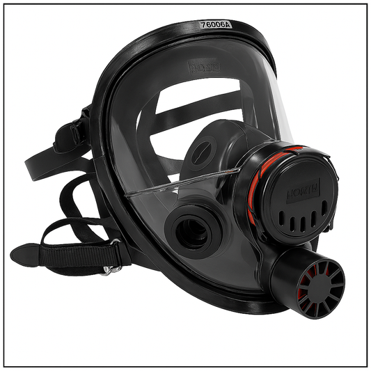 Black full-face respirator mask with clear visor on a white background