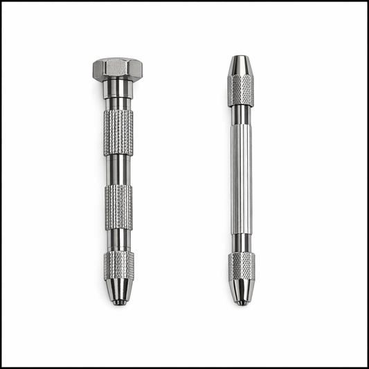 Two metallic tools with hexagonal and cylindrical ends on a white background