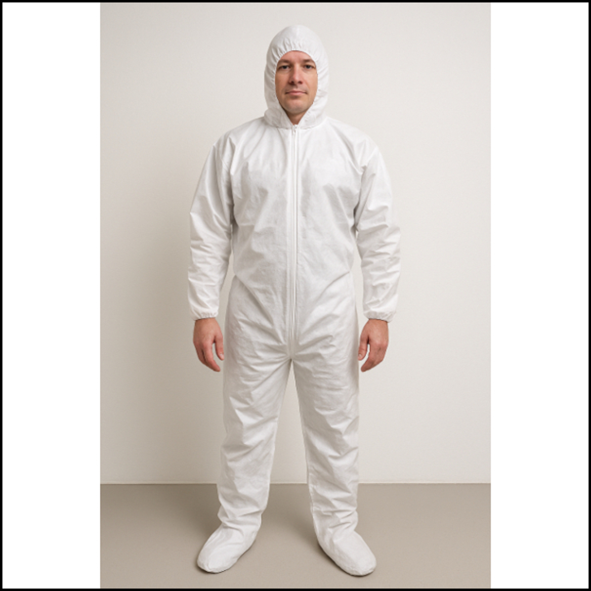 Person wearing a white protective suit against a plain background