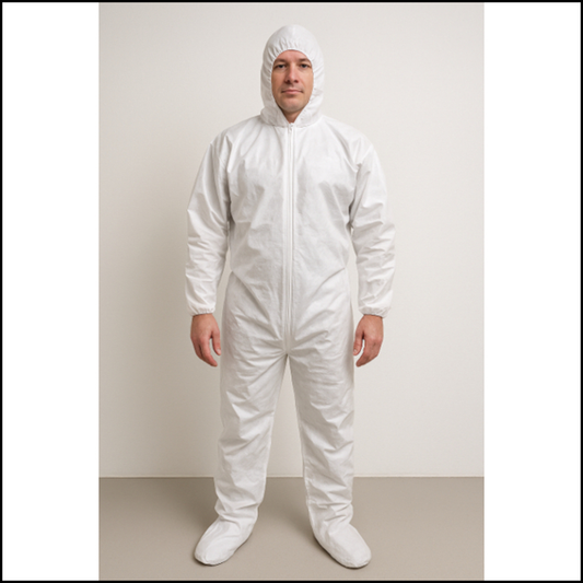 Person wearing a white protective suit against a plain background