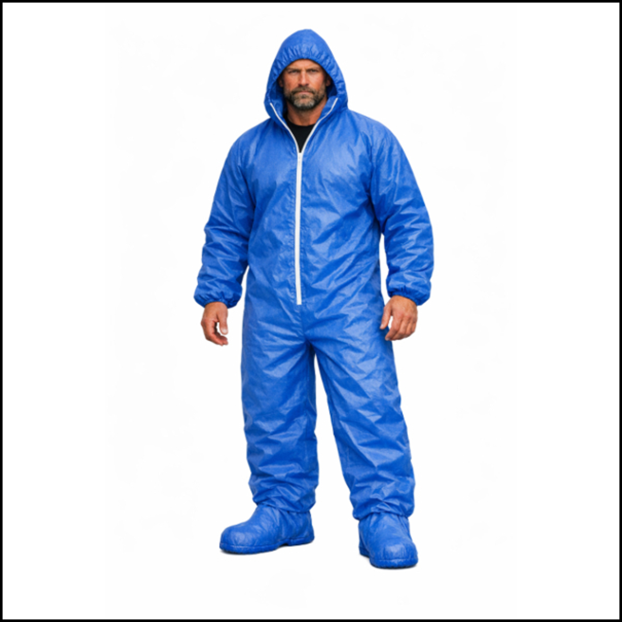 Person wearing a blue protective suit on a white background