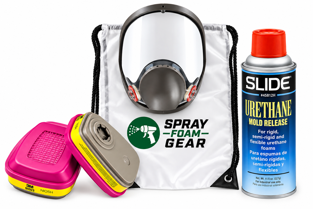 Spray foam bundle with full-face respirator, 3M 60923 cartridges, SLIDE spray and Spray Foam Gear bag.