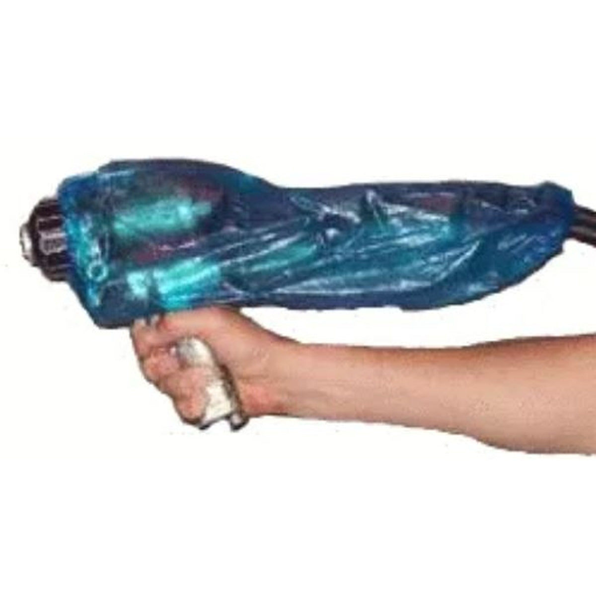 Hand holding a blue water gun against a white background