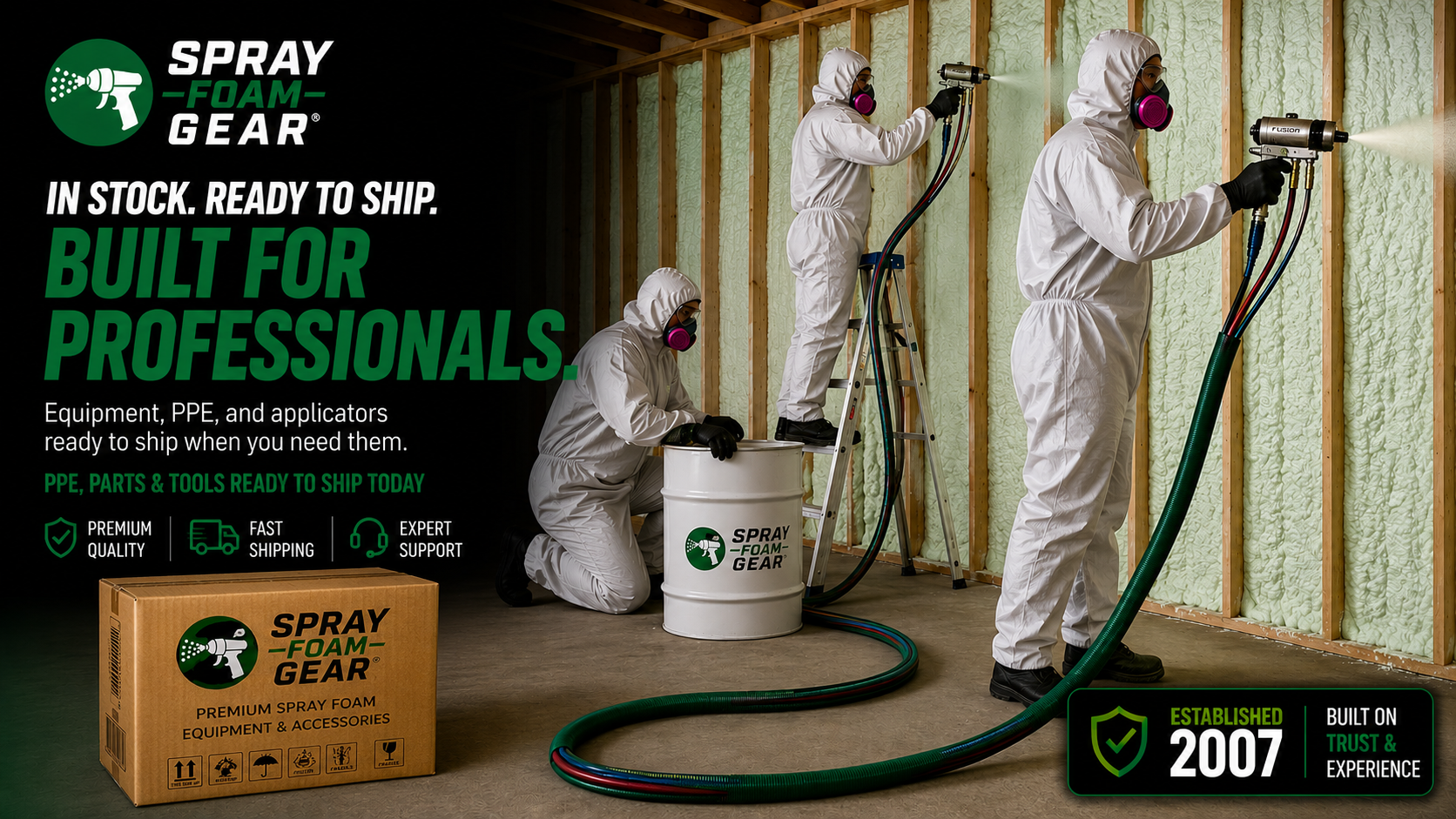 Professional spray foam contractors applying insulation using Fusion Air Purge spray guns. Spray Foam Gear PPE, parts, tools, and accessories.
