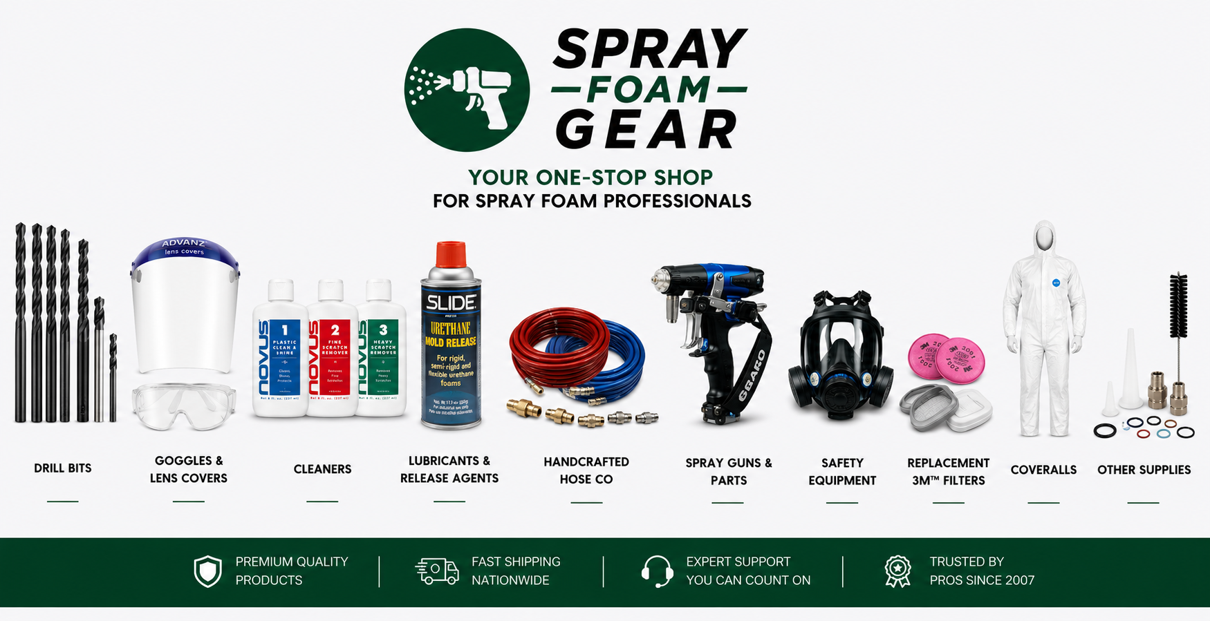 Spray foam gear and equipment displayed on a white background with 'Spray Foam Gear' branding.