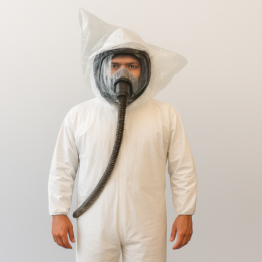 Person wearing a full-body protective suit with a gas mask on a plain background