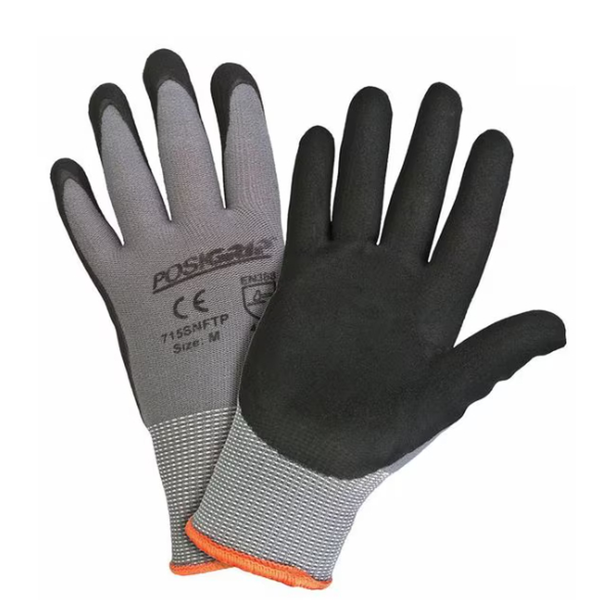 Pair of black and gray gloves with 'PosiGard' branding on a white background